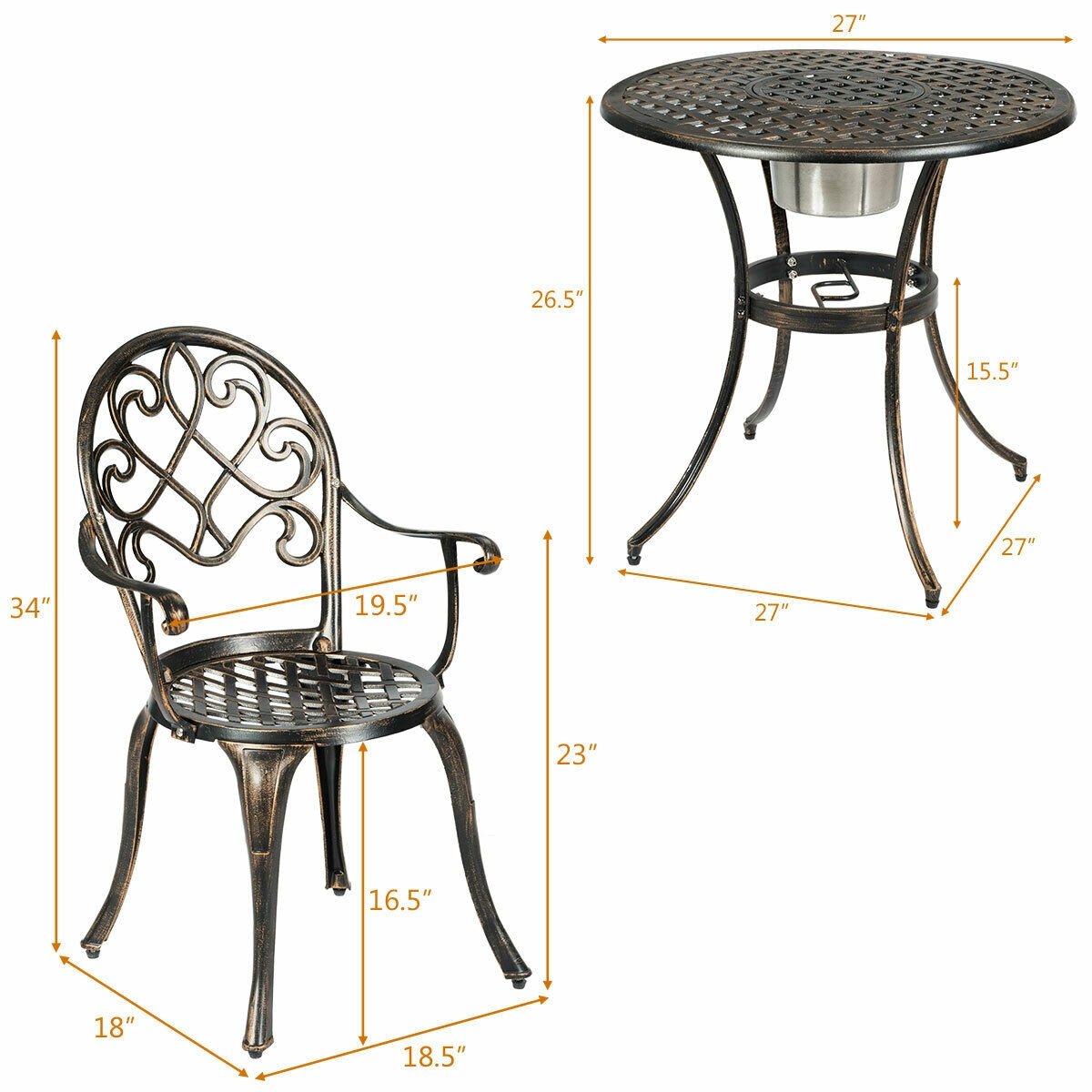 3 Pieces Outdoor Set Patio Bistro with Attached Removable Ice Bucket, Bronze Patio Conversation Sets   at Gallery Canada