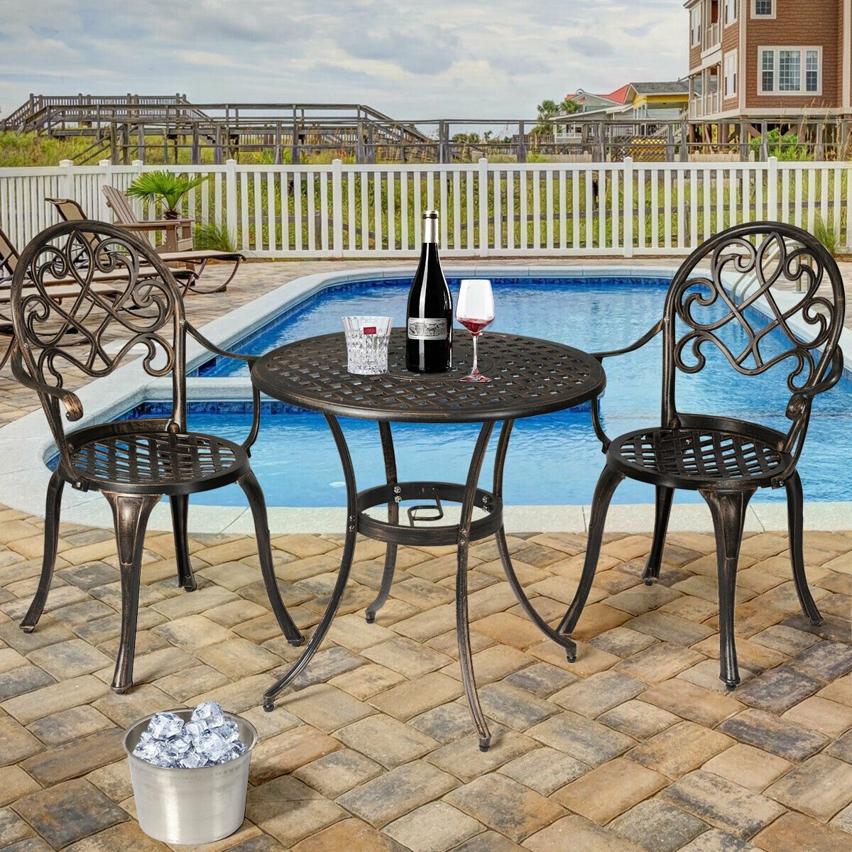 3 Pieces Outdoor Set Patio Bistro with Attached Removable Ice Bucket, Bronze Patio Conversation Sets   at Gallery Canada