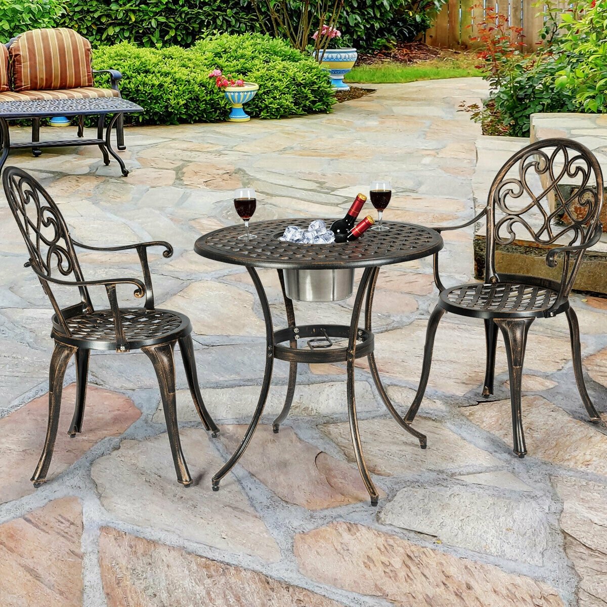 3 Pieces Outdoor Set Patio Bistro with Attached Removable Ice Bucket, Bronze Patio Conversation Sets   at Gallery Canada