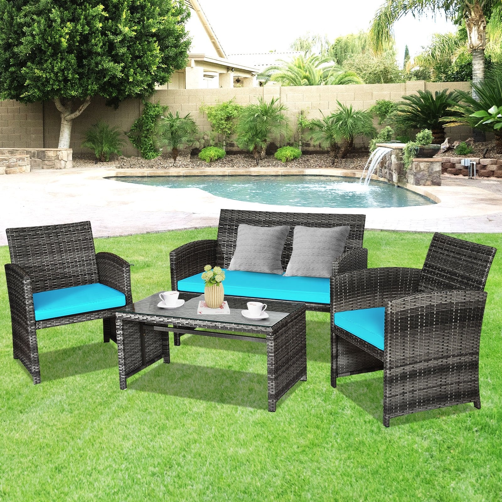 4 Pieces Patio Rattan Furniture Set with Cushions, Turquoise Patio Conversation Sets   at Gallery Canada