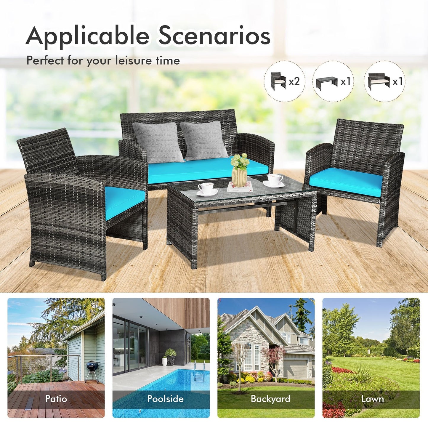 4 Pieces Patio Rattan Furniture Set with Cushions, Turquoise Patio Conversation Sets   at Gallery Canada