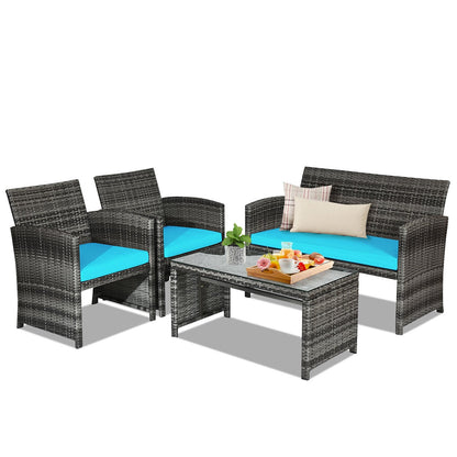 4 Pieces Patio Rattan Furniture Set with Cushions, Turquoise Patio Conversation Sets   at Gallery Canada