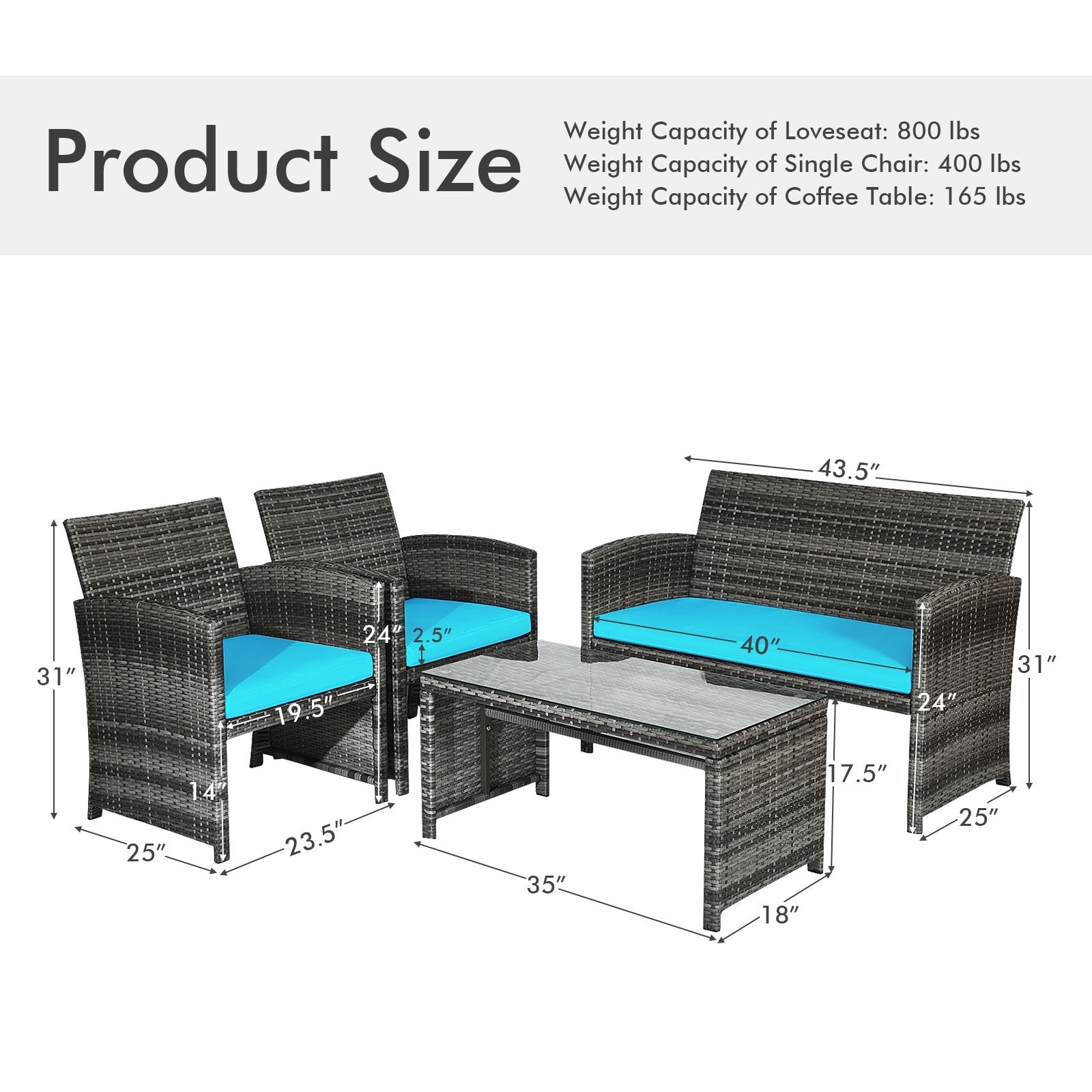 4 Pieces Patio Rattan Furniture Set with Cushions, Turquoise Patio Conversation Sets   at Gallery Canada