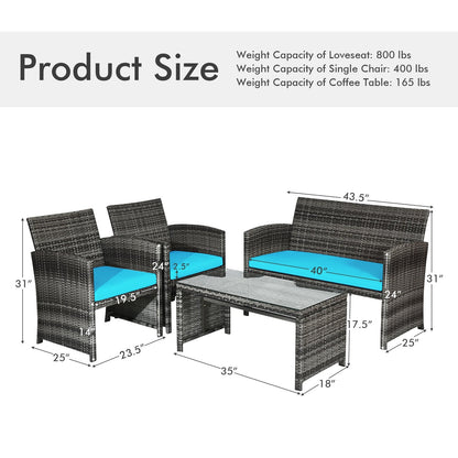 4 Pieces Patio Rattan Furniture Set with Cushions, Turquoise Patio Conversation Sets   at Gallery Canada