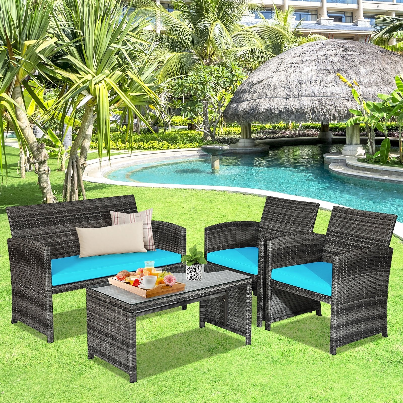 4 Pieces Patio Rattan Furniture Set with Cushions, Turquoise Patio Conversation Sets   at Gallery Canada