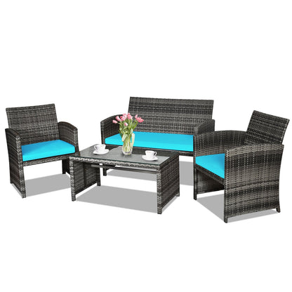 4 Pieces Patio Rattan Furniture Set with Cushions, Turquoise Patio Conversation Sets   at Gallery Canada