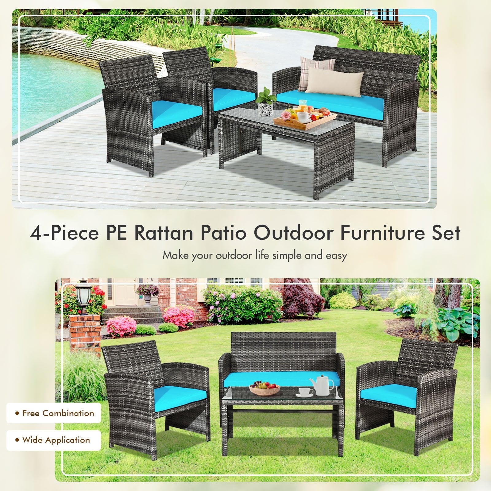 4 Pieces Patio Rattan Furniture Set with Cushions, Turquoise Patio Conversation Sets   at Gallery Canada