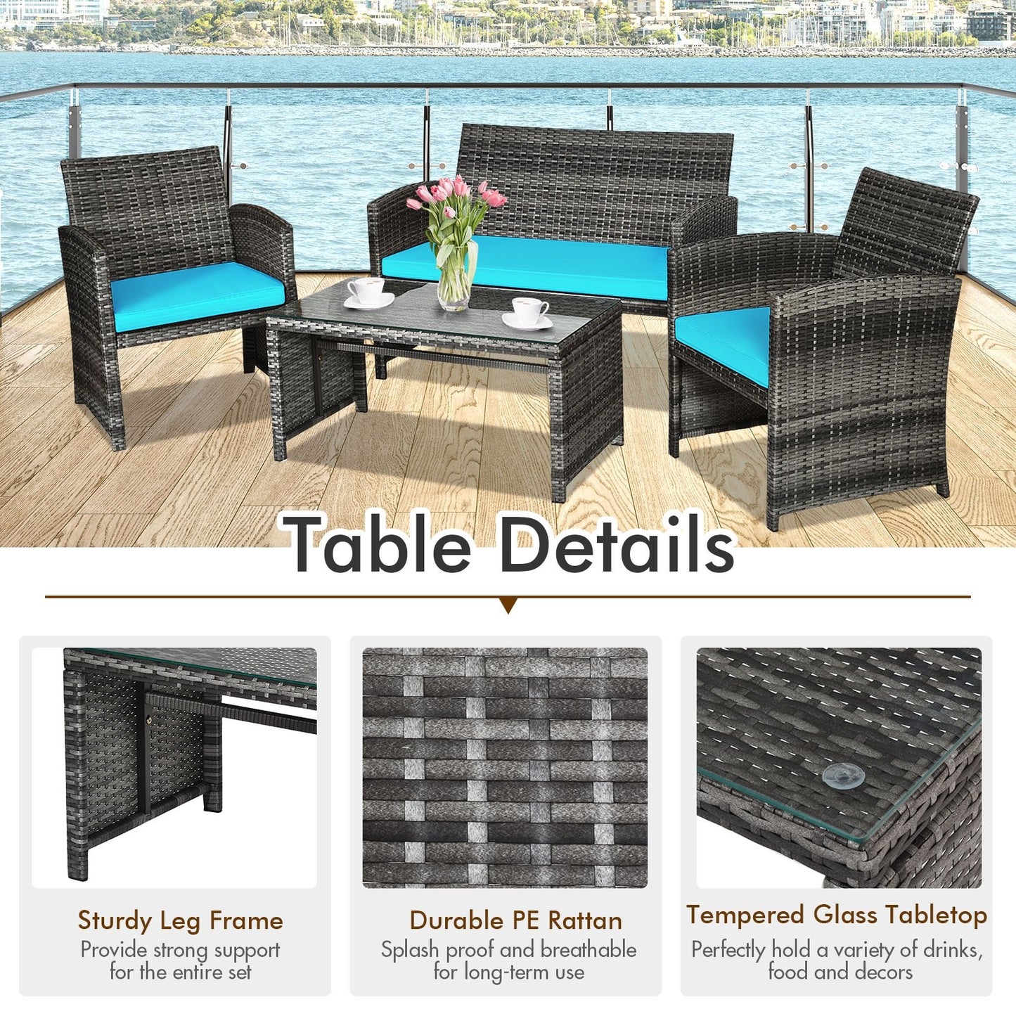 4 Pieces Patio Rattan Furniture Set with Cushions, Turquoise Patio Conversation Sets   at Gallery Canada