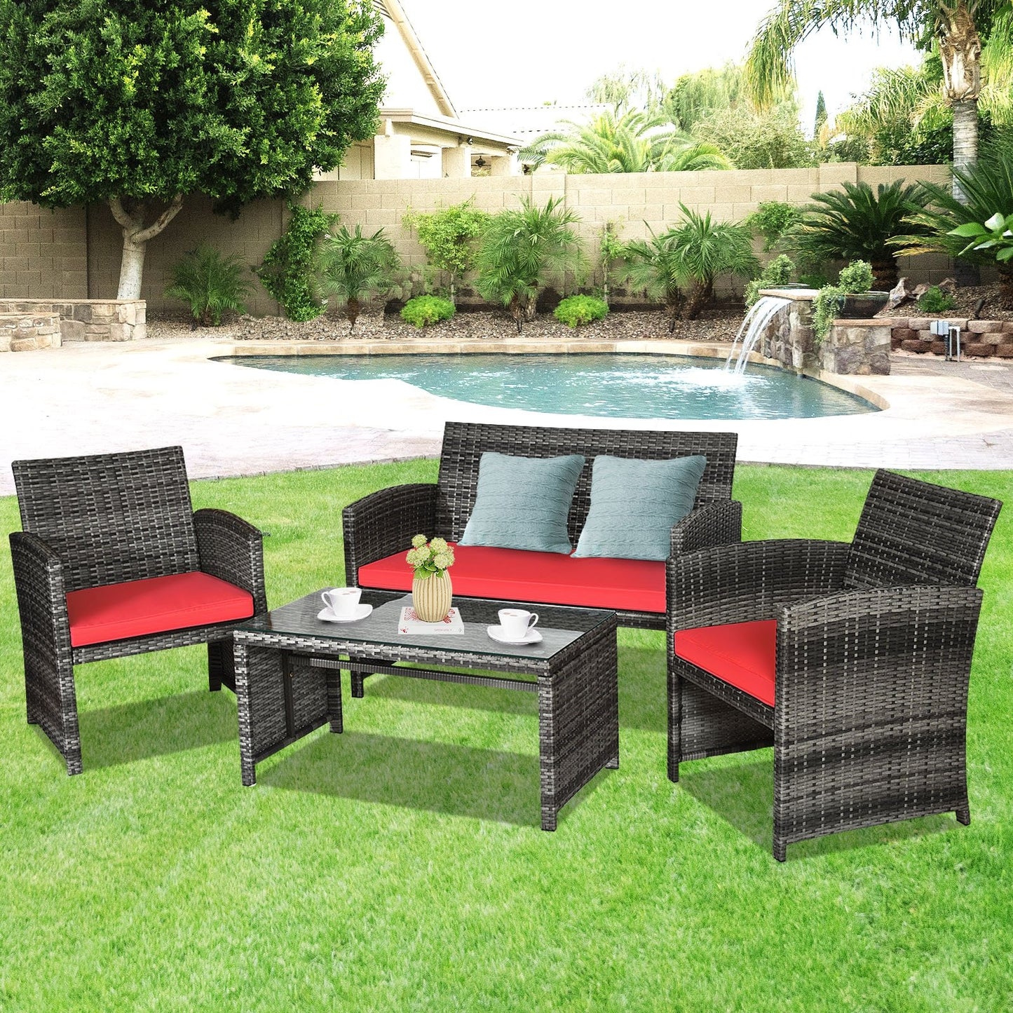 4 Pieces Patio Rattan Furniture Set with Cushions, Red Patio Conversation Sets   at Gallery Canada