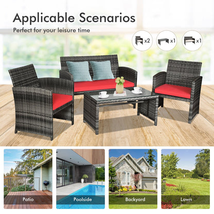 4 Pieces Patio Rattan Furniture Set with Cushions, Red Patio Conversation Sets   at Gallery Canada