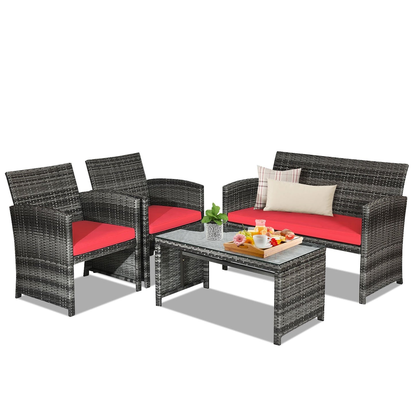 4 Pieces Patio Rattan Furniture Set with Cushions, Red Patio Conversation Sets   at Gallery Canada