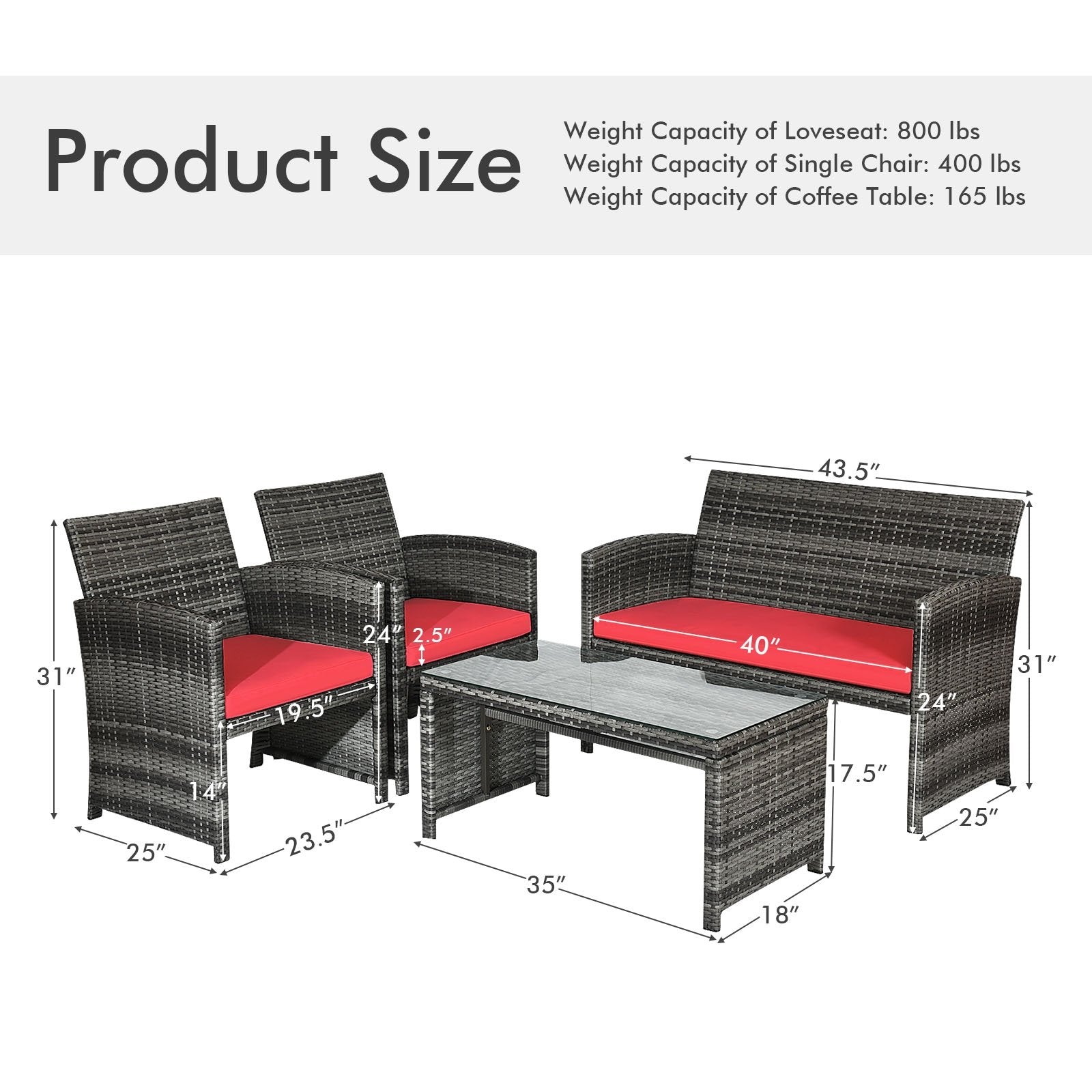 4 Pieces Patio Rattan Furniture Set with Cushions, Red Patio Conversation Sets   at Gallery Canada