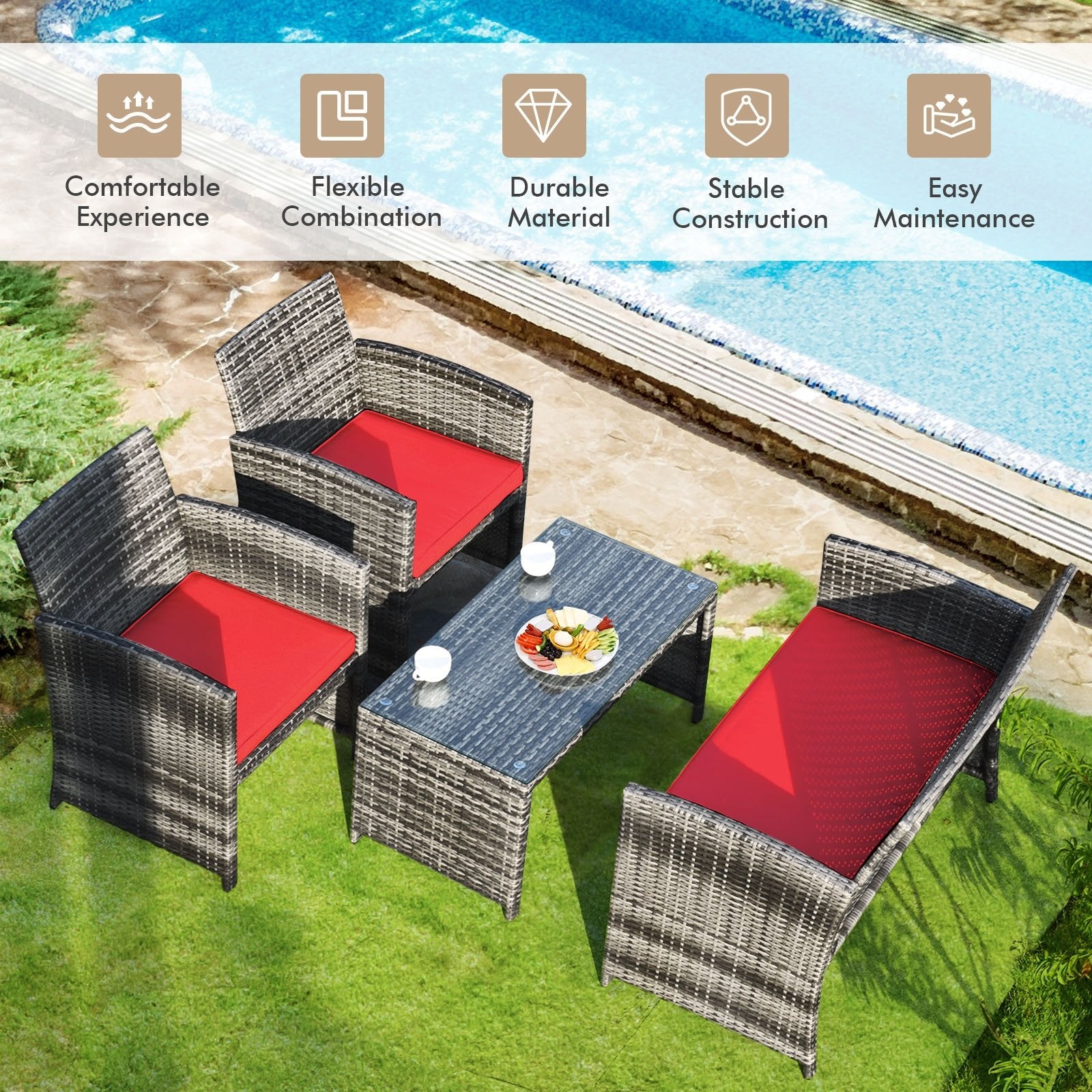 4 Pieces Patio Rattan Furniture Set with Cushions, Red Patio Conversation Sets   at Gallery Canada