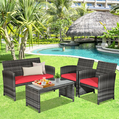 4 Pieces Patio Rattan Furniture Set with Cushions, Red Patio Conversation Sets   at Gallery Canada