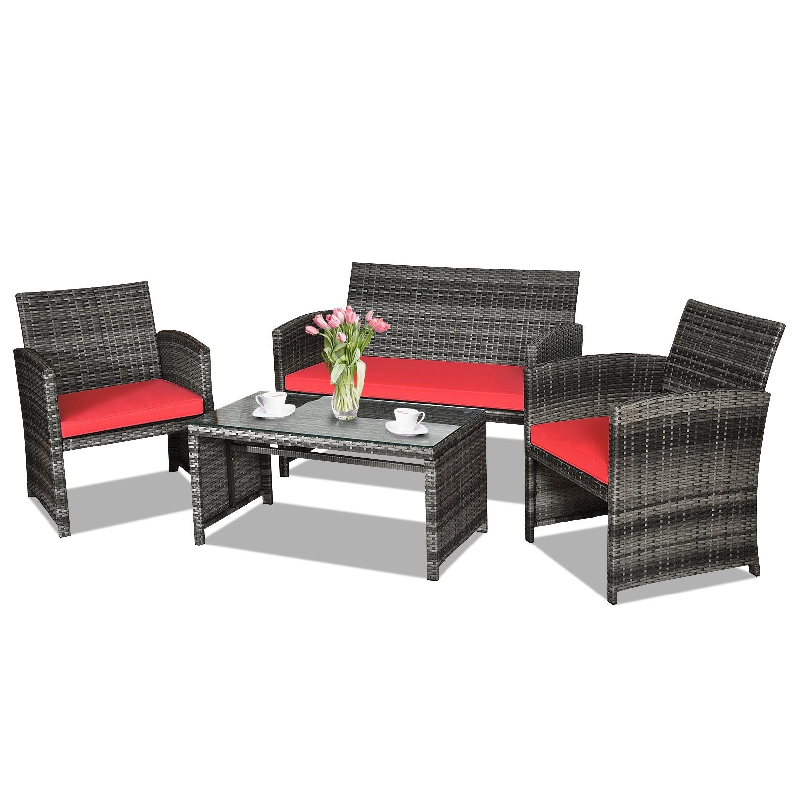 4 Pieces Patio Rattan Furniture Set with Cushions, Red Patio Conversation Sets   at Gallery Canada