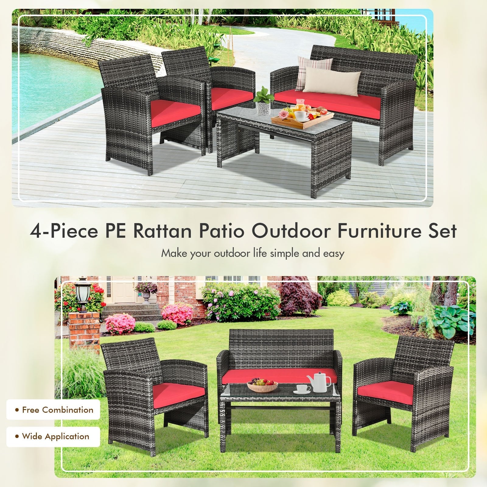 4 Pieces Patio Rattan Furniture Set with Cushions, Red Patio Conversation Sets   at Gallery Canada