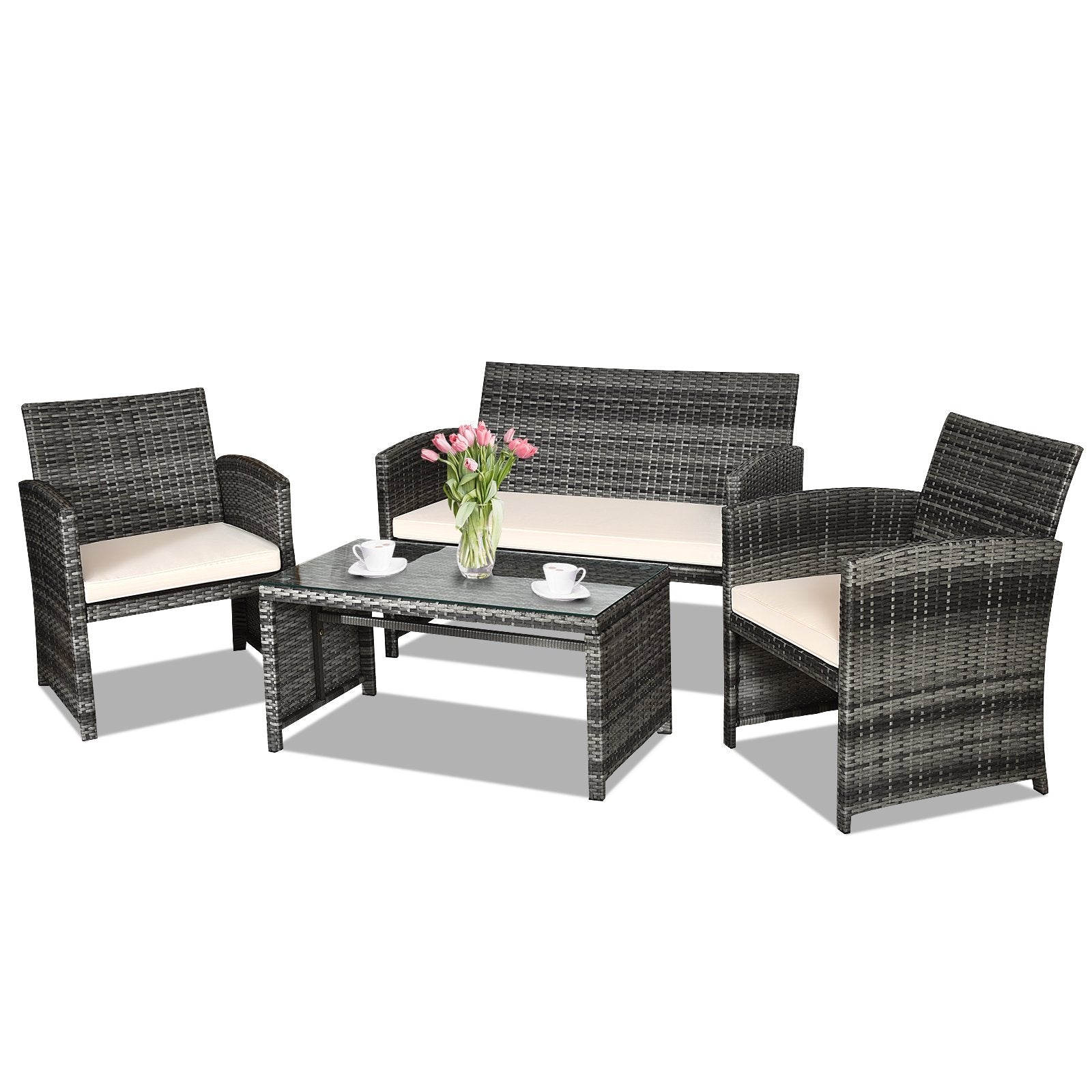 4 Pcs Patio Rattan Furniture Set Top Sofa With Glass Table, White Patio Conversation Sets   at Gallery Canada