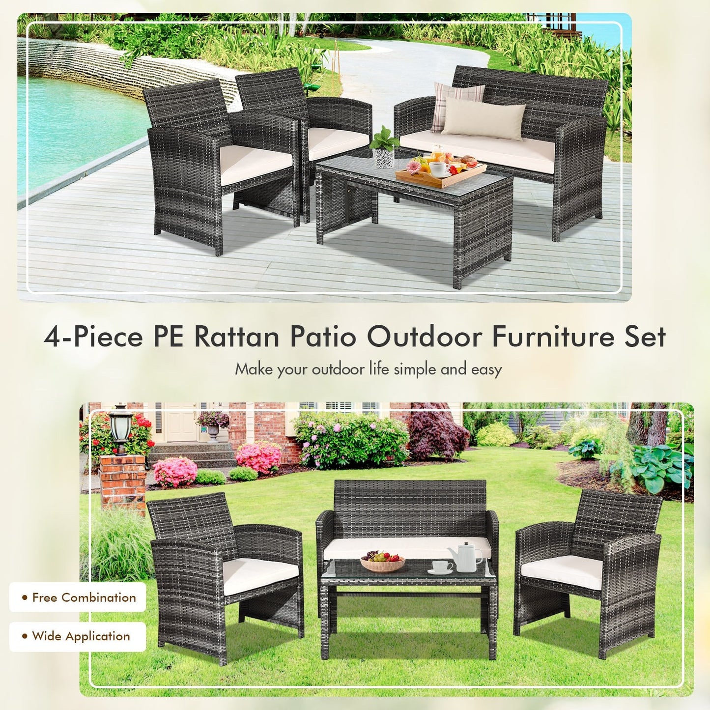 4 Pcs Patio Rattan Furniture Set Top Sofa With Glass Table, White Patio Conversation Sets   at Gallery Canada