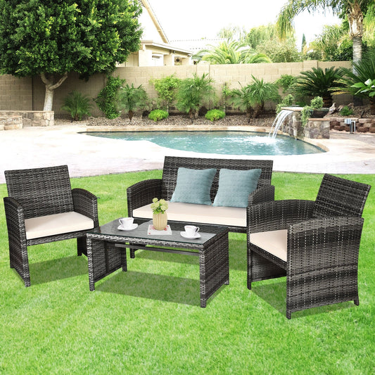 4 Pcs Patio Rattan Furniture Set Top Sofa With Glass Table, White Patio Conversation Sets   at Gallery Canada