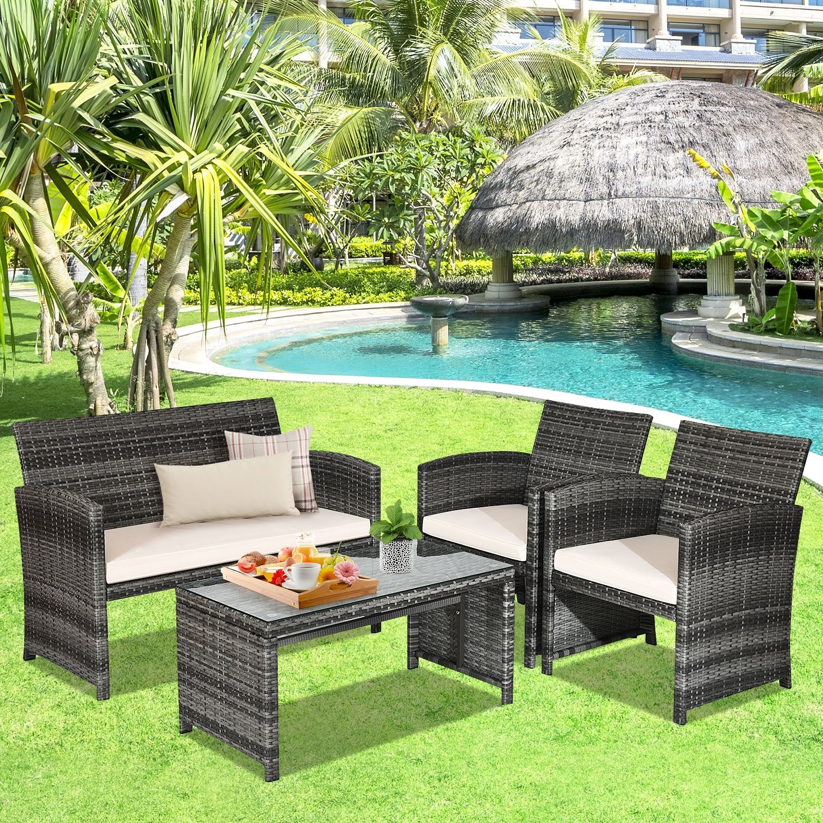 4 Pcs Patio Rattan Furniture Set Top Sofa With Glass Table, White Patio Conversation Sets   at Gallery Canada