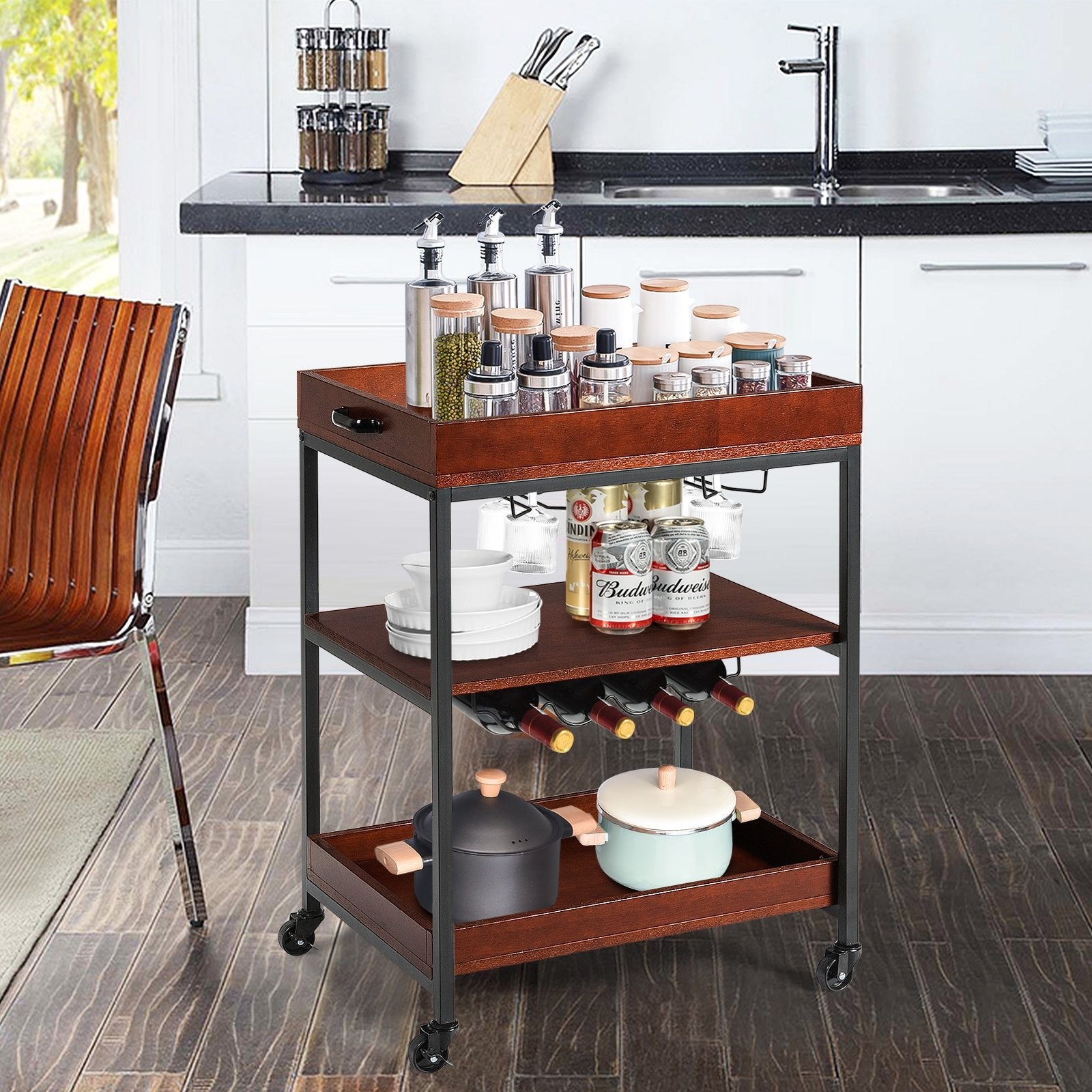 3 Tiers Kitchen Island Serving Bar Cart with Glasses Holder and Wine Bottle Rack, Brown Baker's Racks   at Gallery Canada