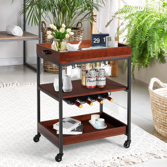 3 Tiers Kitchen Island Serving Bar Cart with Glasses Holder and Wine Bottle Rack, Brown Baker's Racks   at Gallery Canada