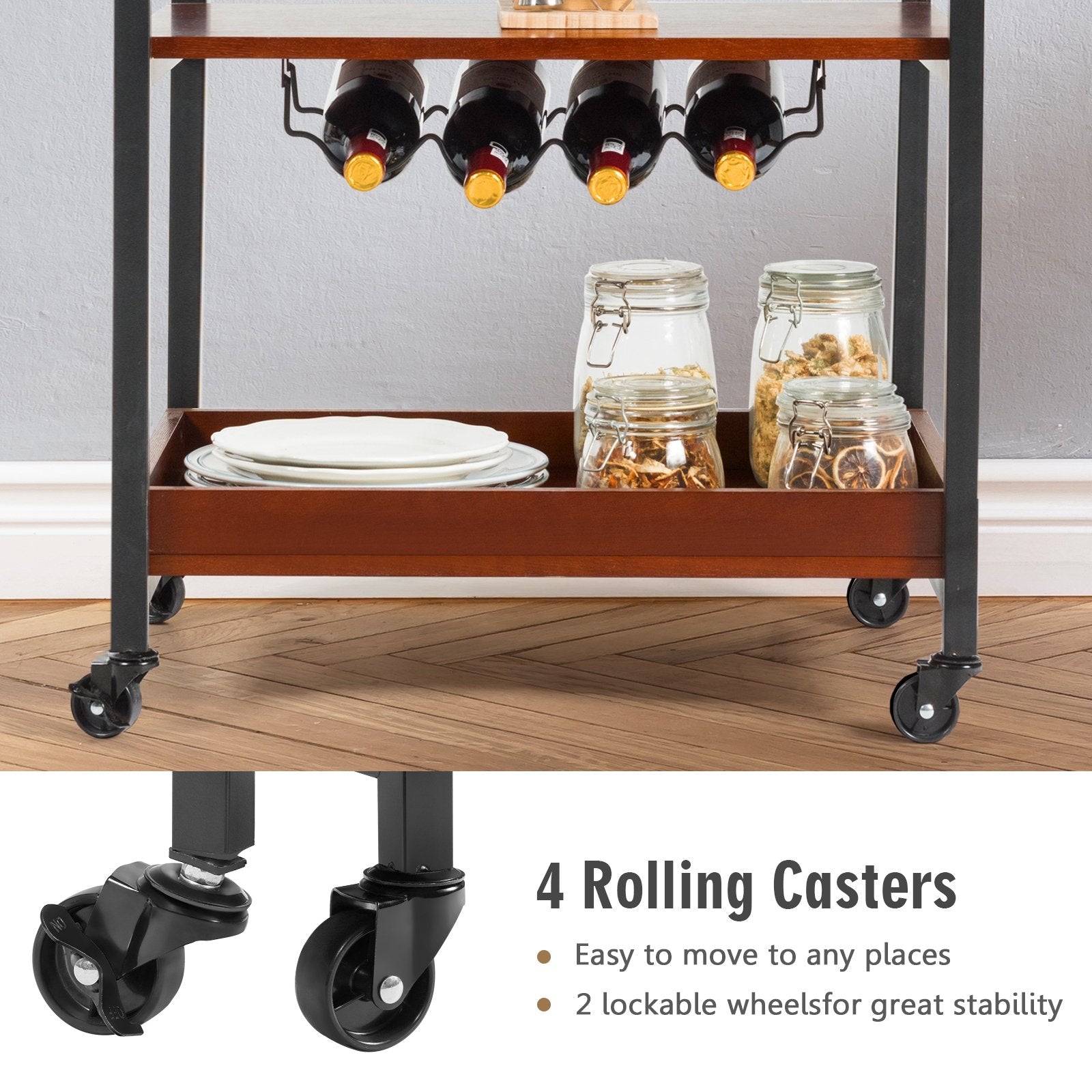 3 Tiers Kitchen Island Serving Bar Cart with Glasses Holder and Wine Bottle Rack, Brown Baker's Racks   at Gallery Canada