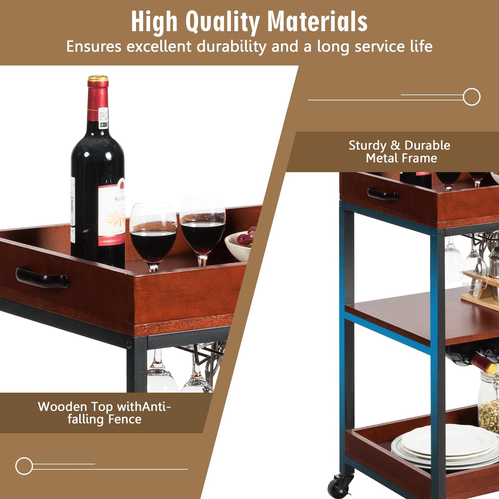 3 Tiers Kitchen Island Serving Bar Cart with Glasses Holder and Wine Bottle Rack, Brown Baker's Racks   at Gallery Canada