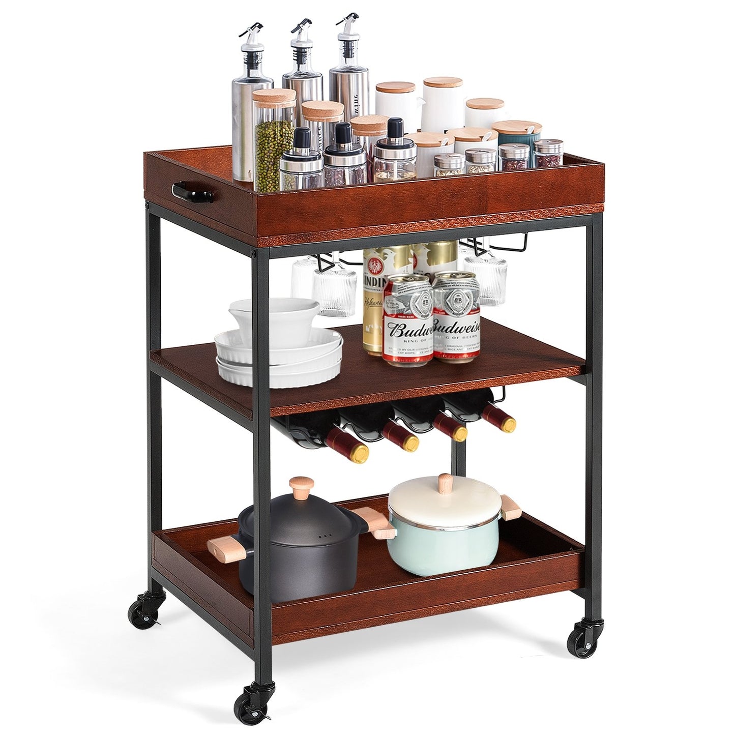 3 Tiers Kitchen Island Serving Bar Cart with Glasses Holder and Wine Bottle Rack, Brown Baker's Racks   at Gallery Canada