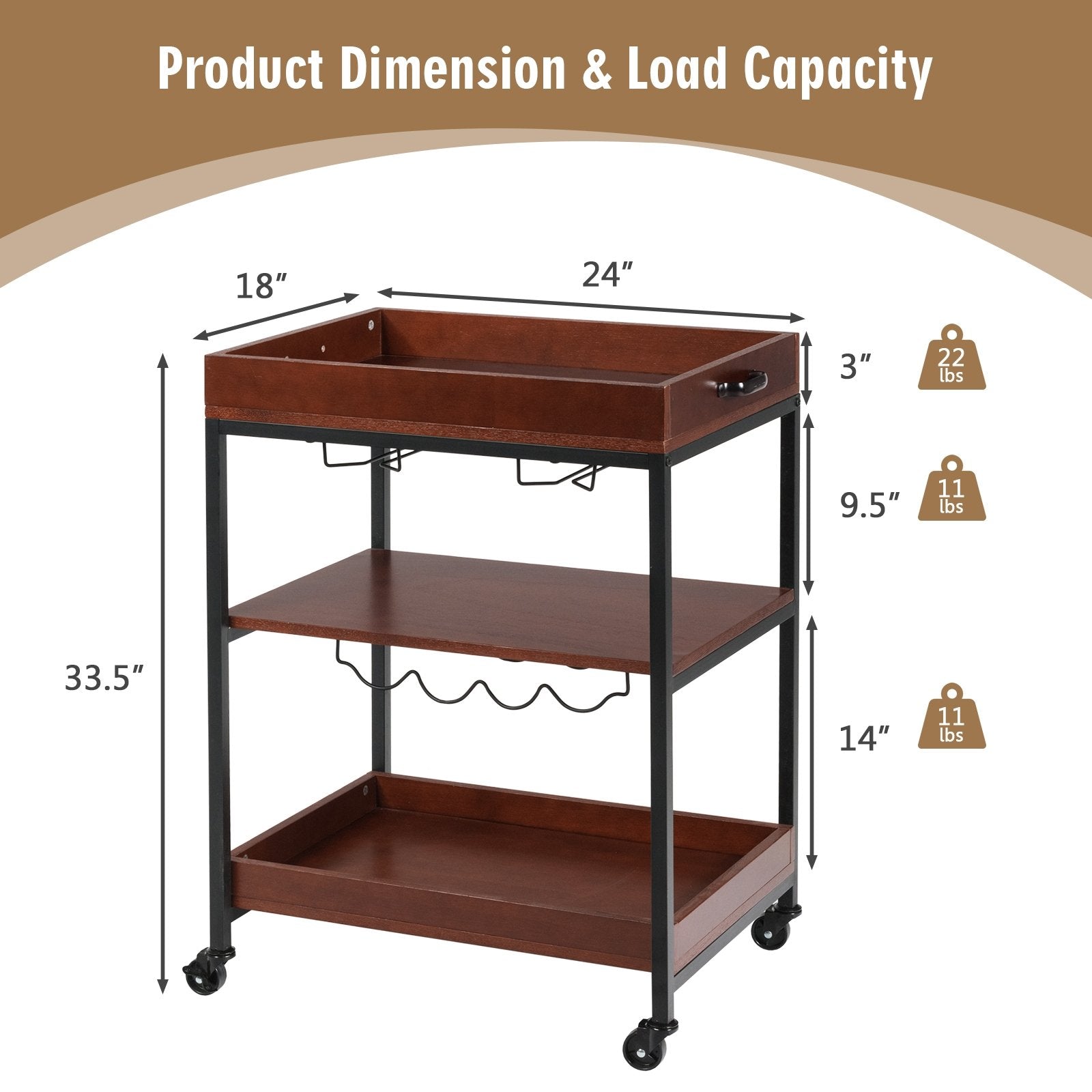 3 Tiers Kitchen Island Serving Bar Cart with Glasses Holder and Wine Bottle Rack, Brown Baker's Racks   at Gallery Canada