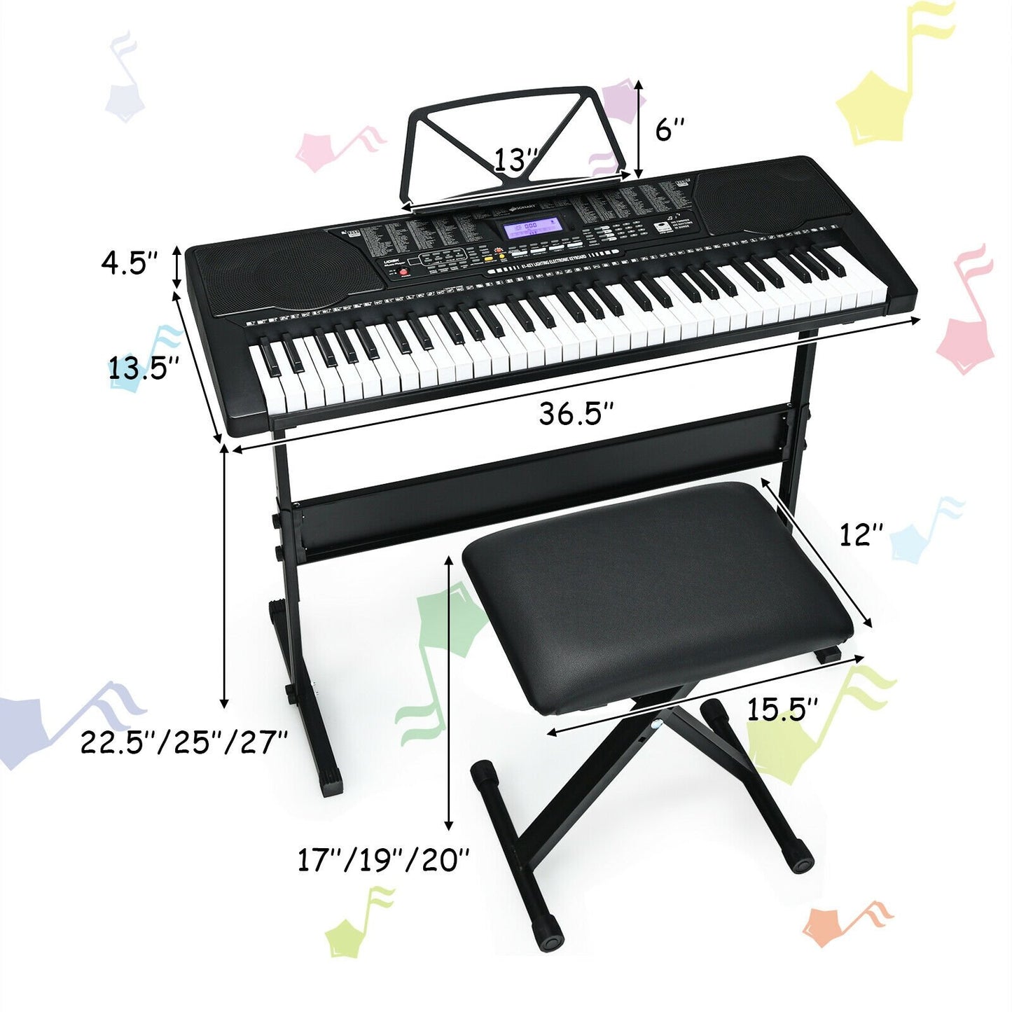 61-Key Electronic Keyboard Piano with Lighted Keys and Bench, Black - Gallery Canada