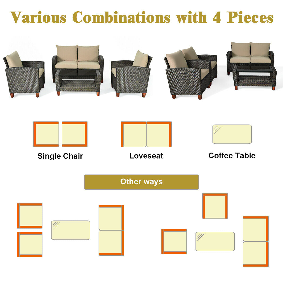 4 Pieces Patio Rattan Furniture Set with Cushions, Brown Patio Conversation Sets   at Gallery Canada