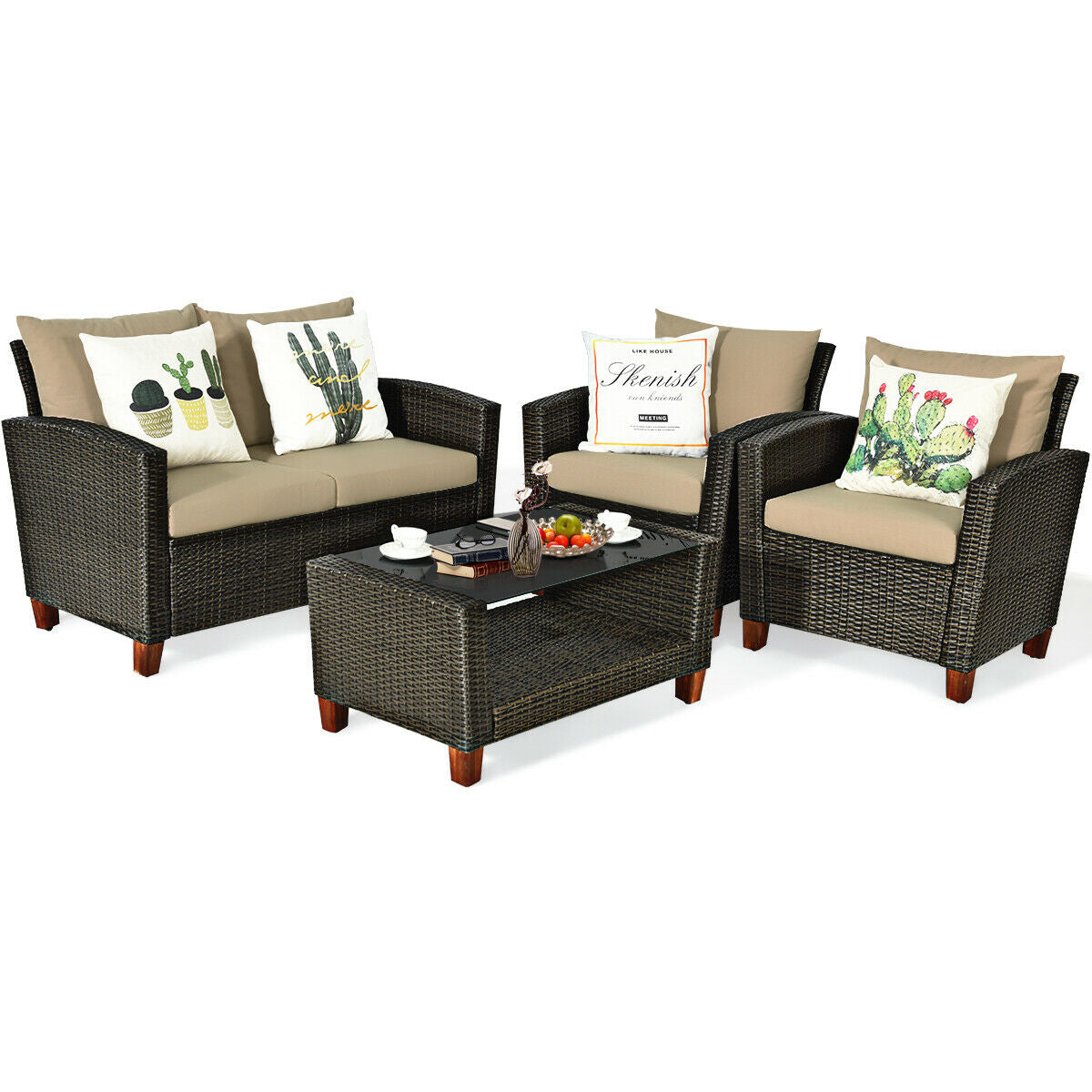 4 Pieces Patio Rattan Furniture Set with Cushions, Brown Patio Conversation Sets   at Gallery Canada