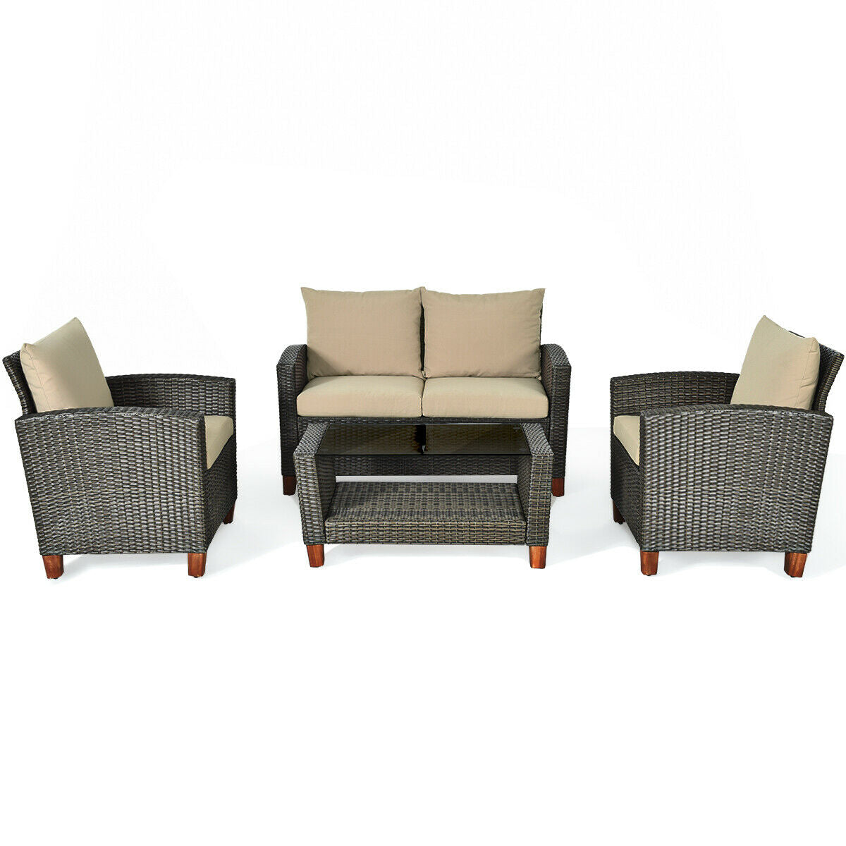 4 Pieces Patio Rattan Furniture Set with Cushions, Brown Patio Conversation Sets   at Gallery Canada