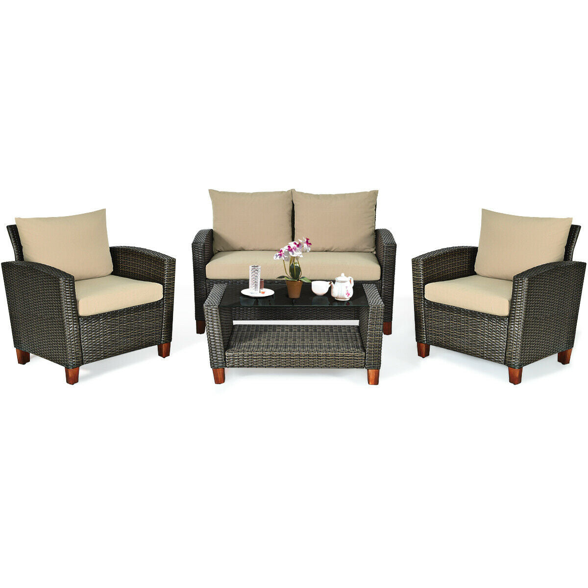 4 Pieces Patio Rattan Furniture Set with Cushions, Brown Patio Conversation Sets   at Gallery Canada