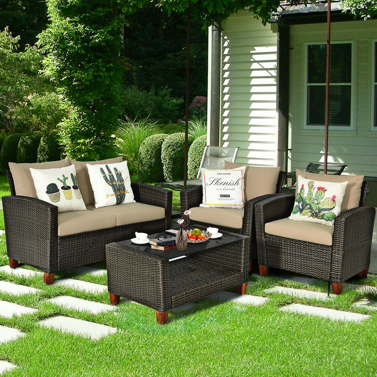 4 Pieces Patio Rattan Furniture Set with Cushions, Brown Patio Conversation Sets   at Gallery Canada