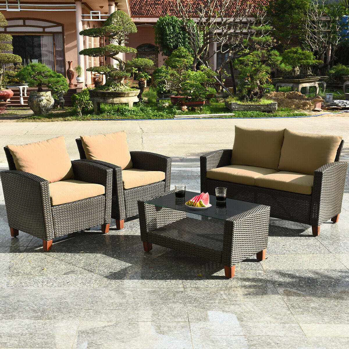 4 Pieces Patio Rattan Furniture Set with Cushions, Brown Patio Conversation Sets Brown  at Gallery Canada