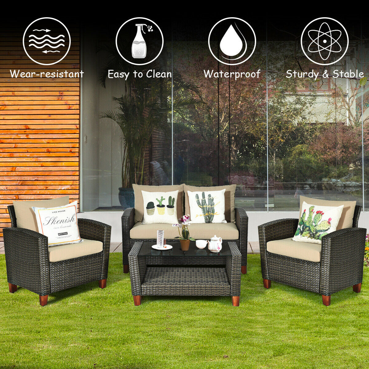 4 Pieces Patio Rattan Furniture Set with Cushions, Brown Patio Conversation Sets   at Gallery Canada