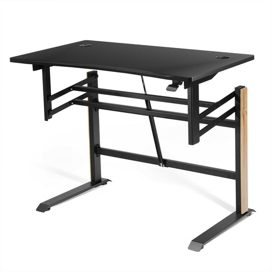 Pneumatic Height Adjustable Gaming Desk T Shaped Game Station with Power Strip Tray, Black - Gallery Canada