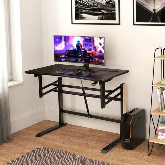 Pneumatic Height Adjustable Gaming Desk T Shaped Game Station with Power Strip Tray, Black - Gallery Canada