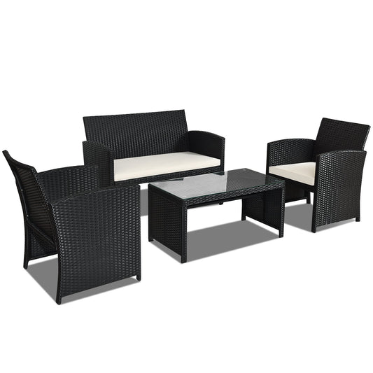 4 Pieces Rattan Patio Furniture Set with Weather Resistant Cushions and Tempered Glass Tabletop, White Patio Conversation Sets   at Gallery Canada