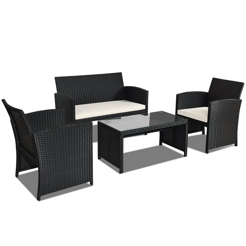 4 Pieces Rattan Patio Furniture Set with Weather Resistant Cushions and Tempered Glass Tabletop, White