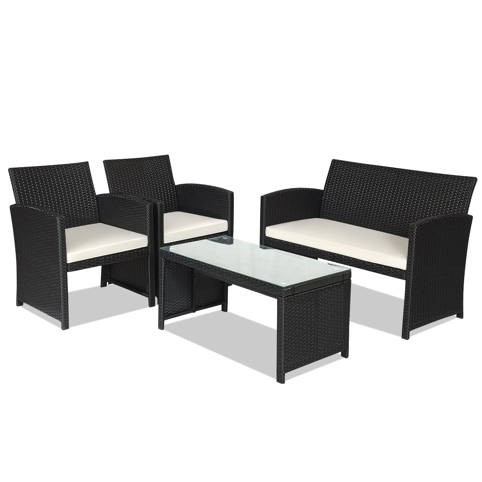 4 Pieces Rattan Patio Furniture Set with Weather Resistant Cushions and Tempered Glass Tabletop, White Patio Conversation Sets   at Gallery Canada