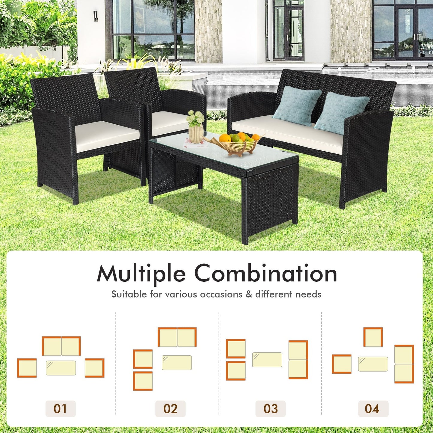 4 Pieces Rattan Patio Furniture Set with Weather Resistant Cushions and Tempered Glass Tabletop, White Patio Conversation Sets   at Gallery Canada