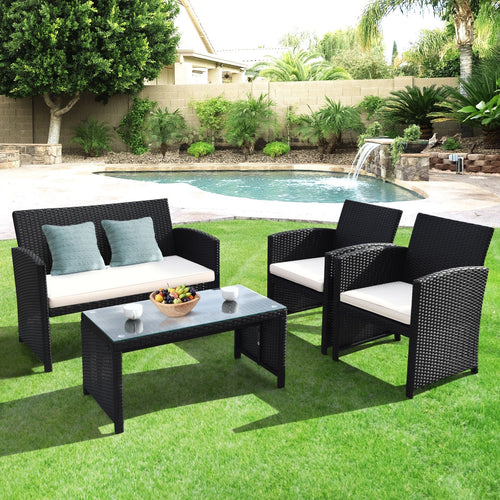 4 Pieces Rattan Patio Furniture Set with Weather Resistant Cushions and Tempered Glass Tabletop, White