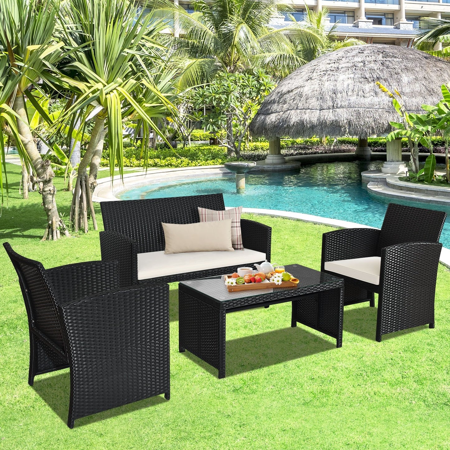 4 Pieces Rattan Patio Furniture Set with Weather Resistant Cushions and Tempered Glass Tabletop, White Patio Conversation Sets   at Gallery Canada