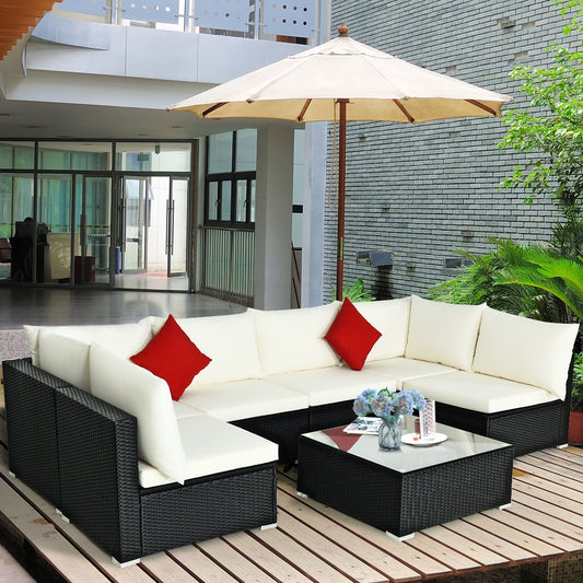 7-Piece Outdoor Sectional Wicker Patio Sofa Set with Tempered Glass Top, Beige Outdoor Sectionals Beige  at Gallery Canada