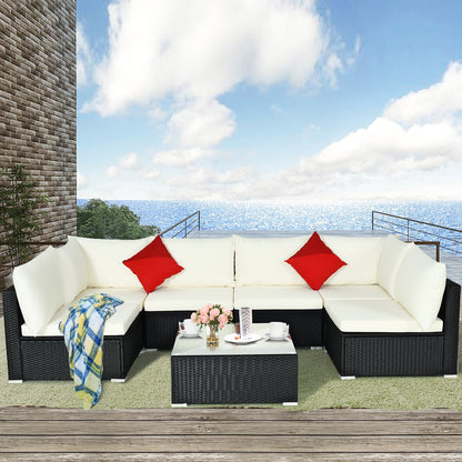 7-Piece Outdoor Sectional Wicker Patio Sofa Set with Tempered Glass Top, Beige Outdoor Sectionals   at Gallery Canada