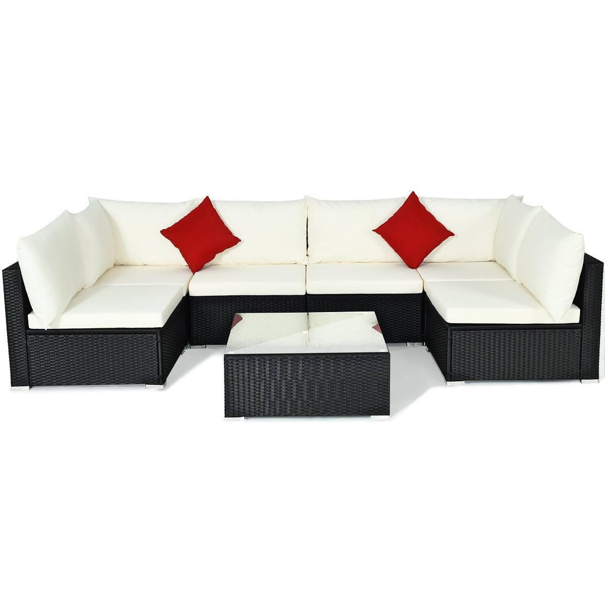 7-Piece Outdoor Sectional Wicker Patio Sofa Set with Tempered Glass Top, Beige Outdoor Sectionals Beige  at Gallery Canada