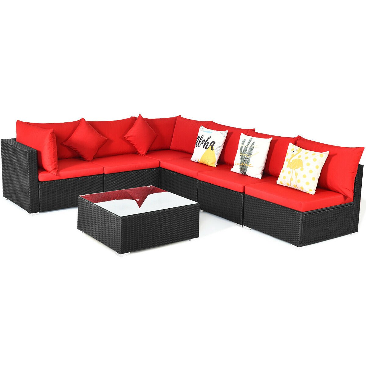 7 Pieces Sectional Wicker Furniture Sofa Set with Tempered Glass Top, Red Outdoor Sectionals Red  at Gallery Canada